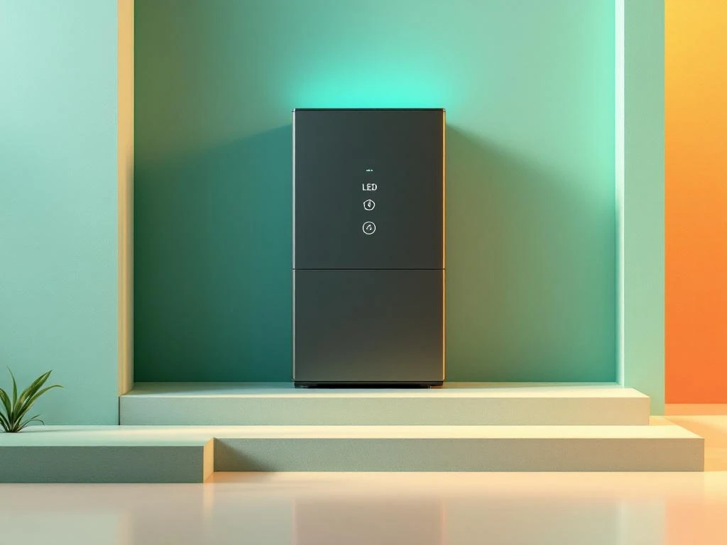 Moderne thuisbatterij met LED-indicatoren op groene achtergrond met zonnepaneel silhouetten voor duurzame energie