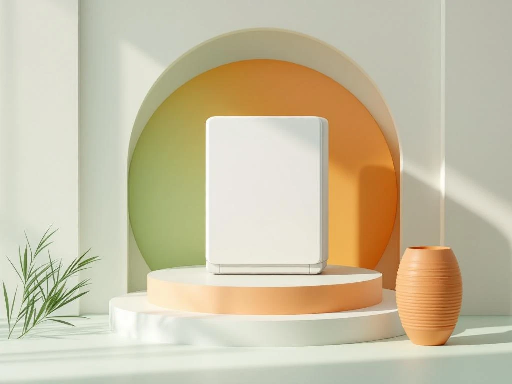 Witte thuisbatterij op geometrisch voetstuk met groene en oranje accenten, abstracte vormen suggereren energiestroom