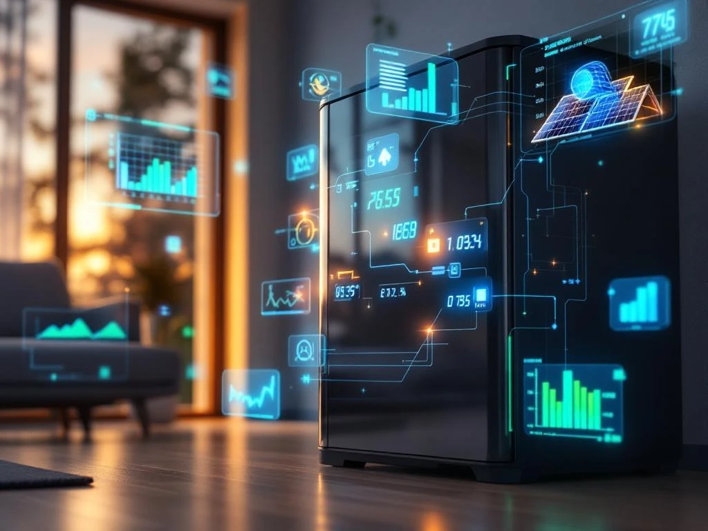 Moderne thuisbatterij met LED-indicators en holografische energiegrafieken, verbonden met zonnepanelen via energiestromen