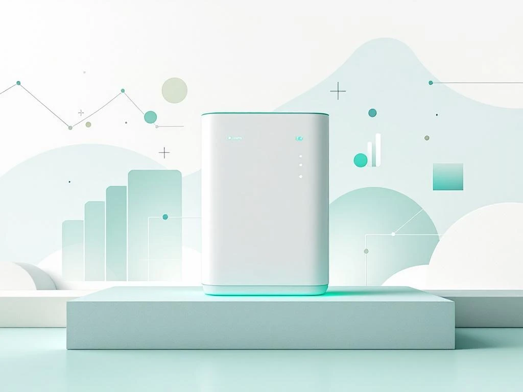 Witte thuisbatterij met blauwe en groene LED-indicatoren, omringd door abstracte datavisualisatie-elementen op groene achtergrond