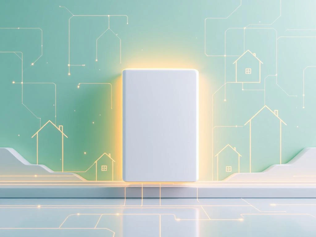 Witte thuisbatterij verbonden met huizen in energiegemeenschap netwerk, groene achtergrond met circuitpatronen