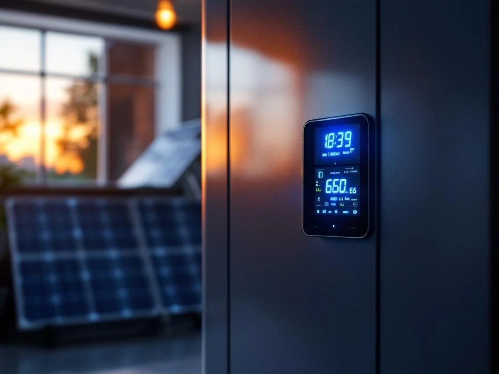 Moderne thuisbatterij met blauwe LED-indicatoren en digitale displays in garage, zonnepanelen zichtbaar op achtergrond