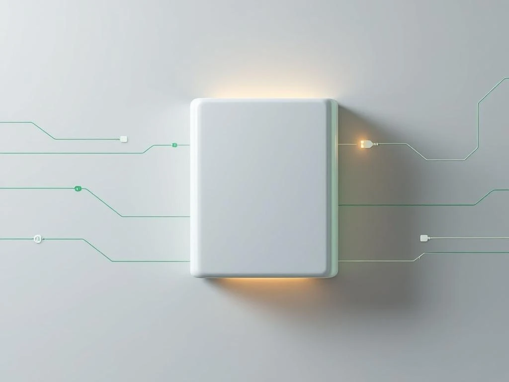 Moderne thuisbatterij met zachte verlichting, verbonden met groene stroomnetlijnen op minimalistische grijze achtergrond