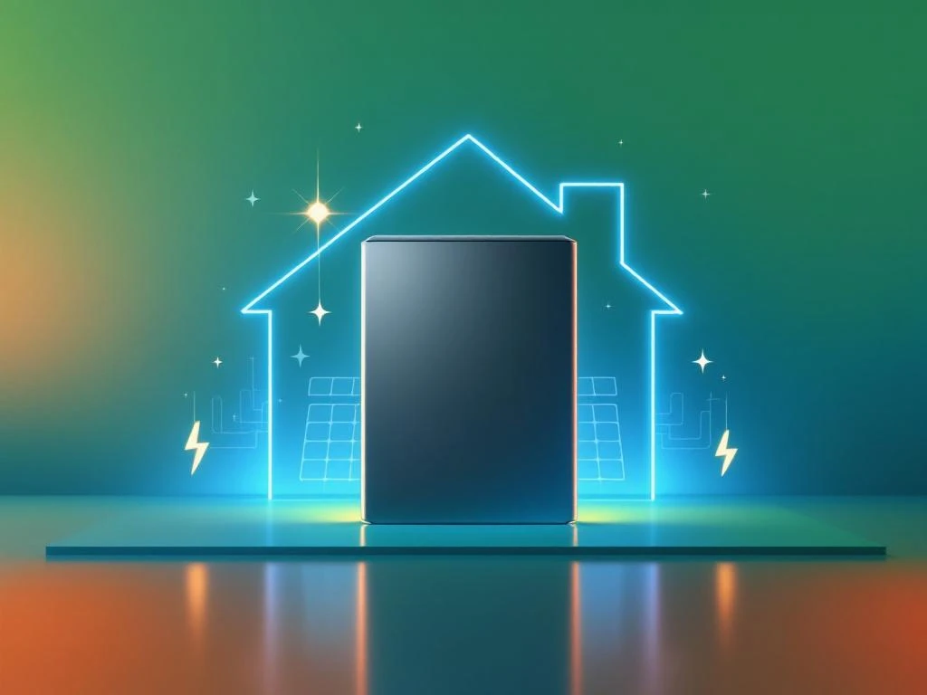 Moderne thuisbatterij met gloeiend effect tegen kleurverloop achtergrond, omringd door huissilhouet met zonnepanelen