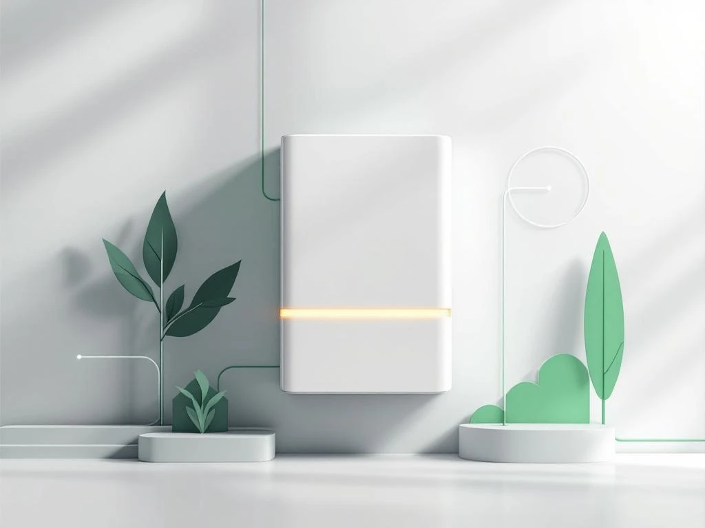Moderne thuisbatterij met amber energiemeter, omringd door geometrische huisvormen en groene energiestromen op witte achtergrond.