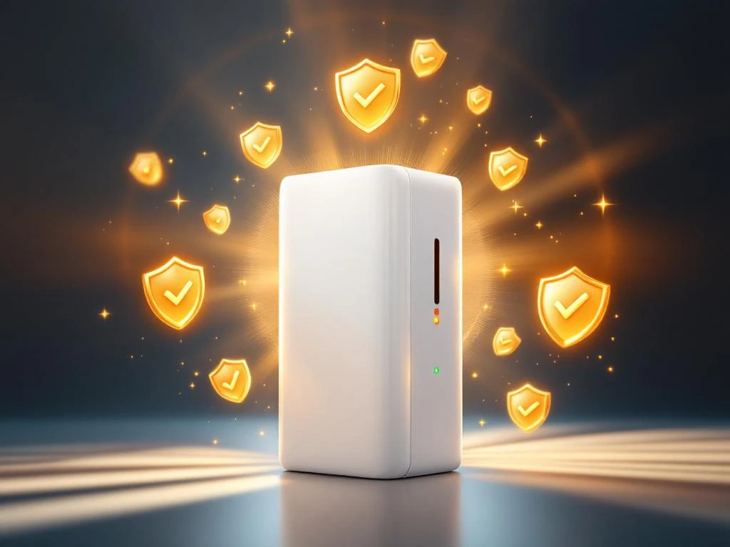 Witte thuisbatterij met LED-indicatoren omringd door gouden schilden en vinkjes die garantiebescherming symboliseren
