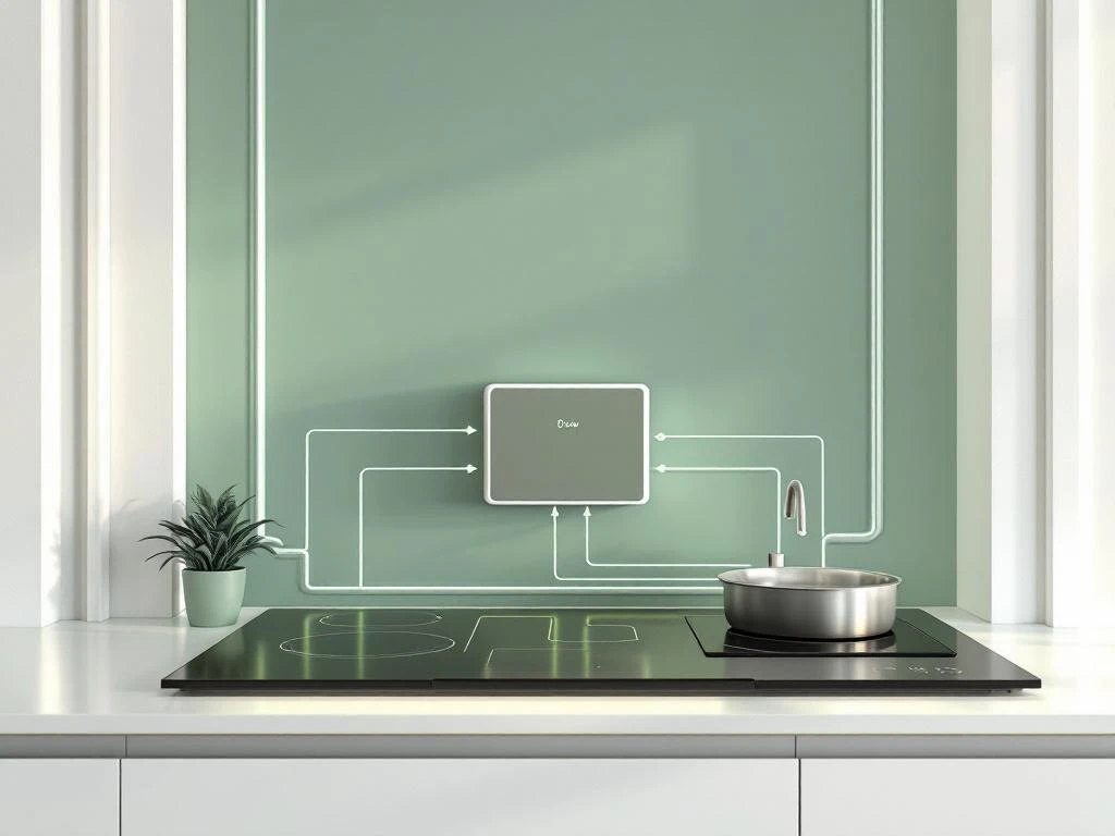 Moderne thuisbatterij verbonden met inductiekookplaat via groene energielijnen op witte ondergrond met groene achtergrond