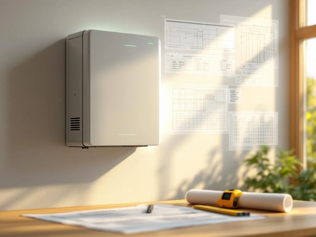 Moderne thuisbatterij aan muur met technische blauwdrukken, meetgereedschap en vergunningen op tafel