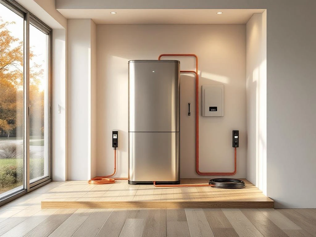 Moderne thuisbatterij installatie in Nederlandse villa met koperen kabels naar elektrisch paneel in lichte bijkeuken