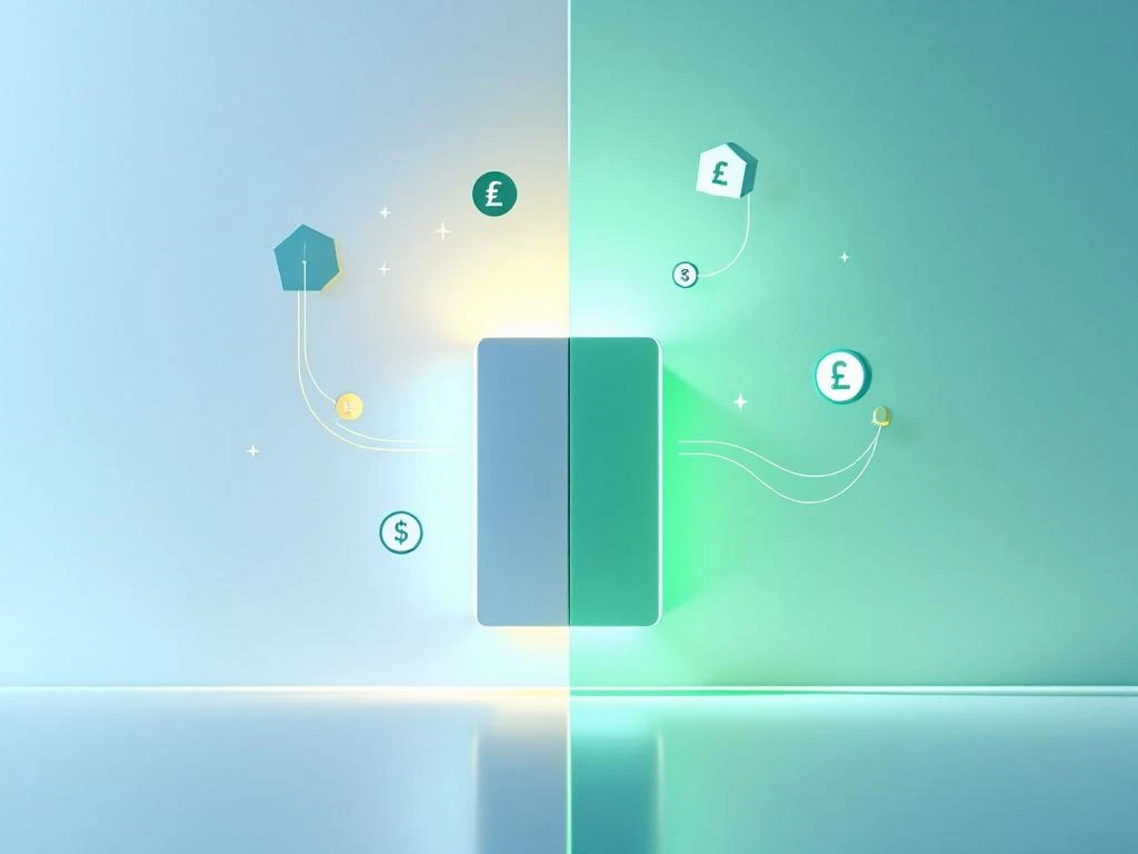 Thuisbatterijsysteem met groene verlichting naast financiële symbolen, verbonden door energielijnen op witte achtergrond