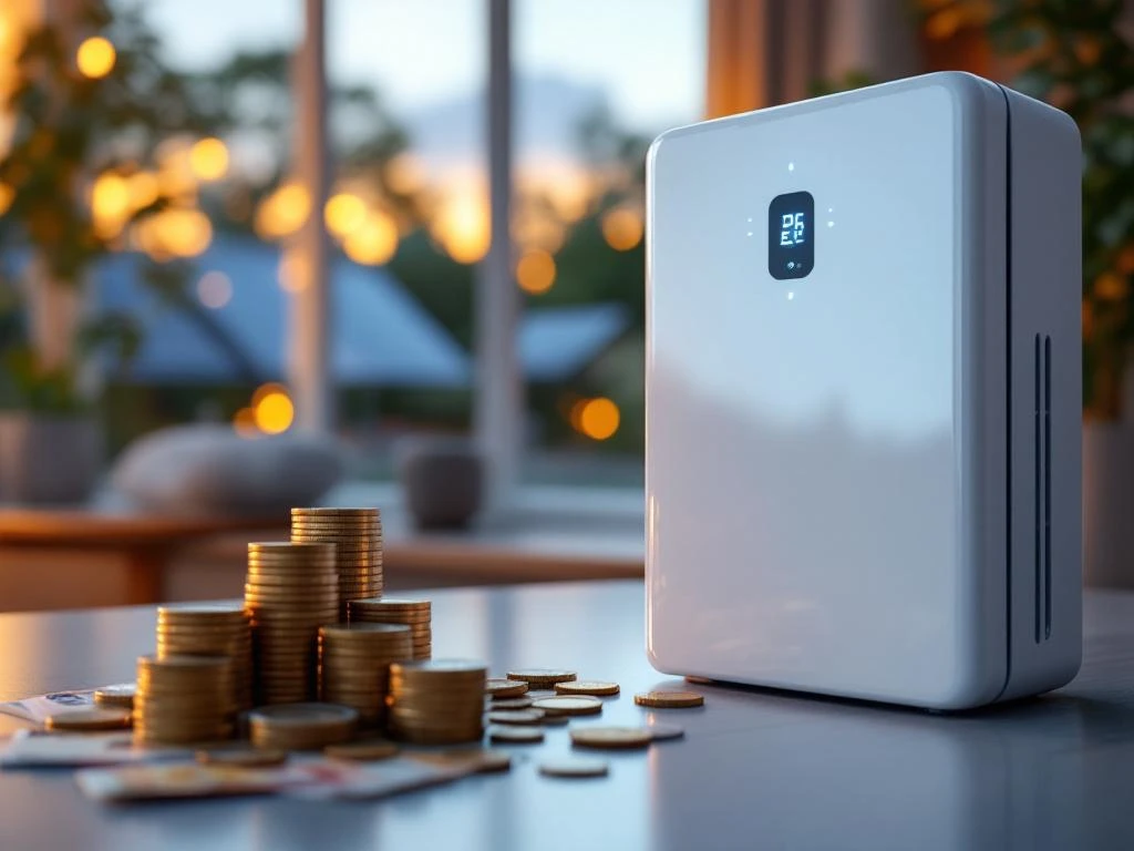 Witte thuisbatterij met blauwe LED-indicatoren naast eurobankbiljetten en munten, zonnepanelen op achtergrond