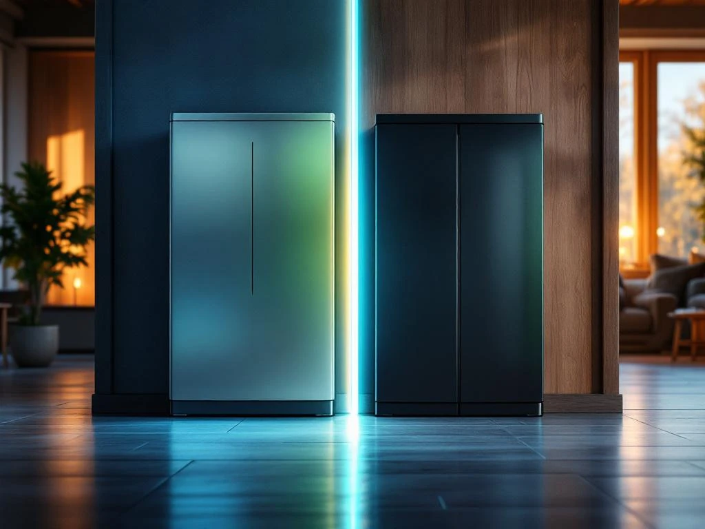 Vergelijking van moderne lithium thuisbatterij met blauwe energiepulsen en traditionele loodaccu in duurzaam Nederlands interieur