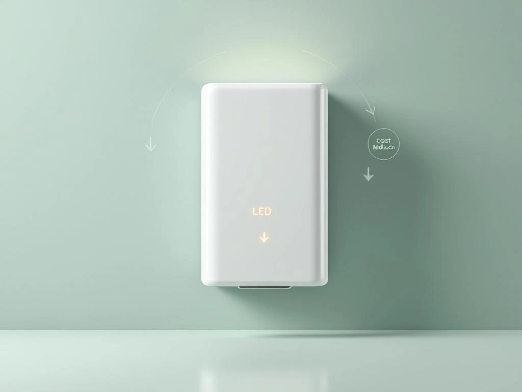 Witte thuisbatterij met LED-indicatoren op groene achtergrond, omringd door geometrische vormen en pijlen naar beneden