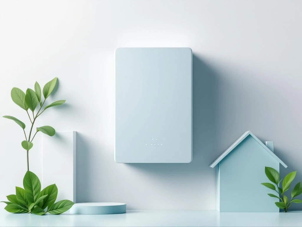 Moderne thuisbatterij met blauwe en groene LED-indicatoren, verbonden met huissilhouetten op witte achtergrond