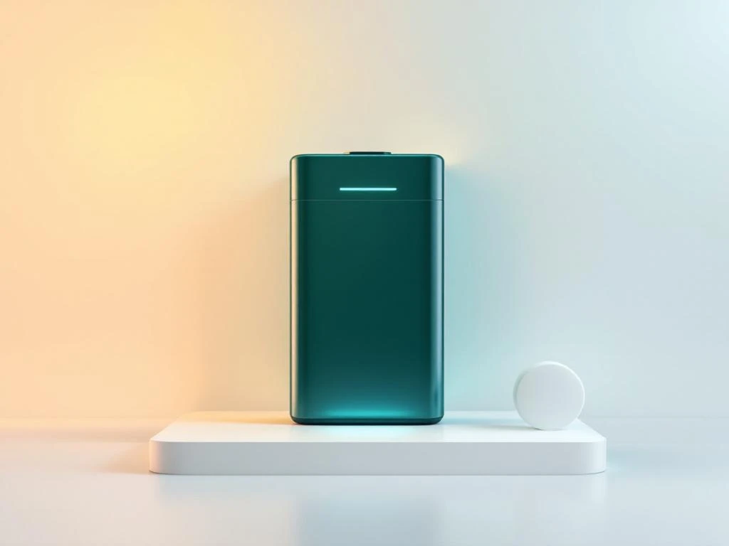 Moderne thuisbatterij met groenblauw kleurverloop en energie-indicator, omringd door transparante cirkels op witte achtergrond