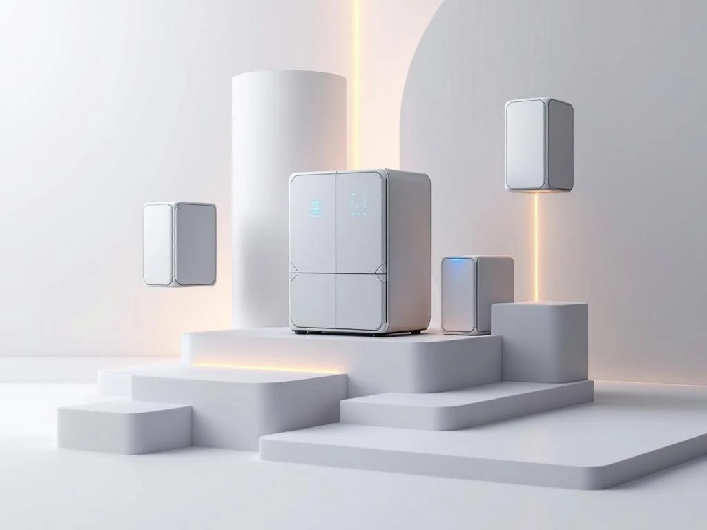 Modulaire thuisbatterij systemen in grijze en witte tinten met blauwe LED-indicatoren en uitbreidingsmogelijkheden