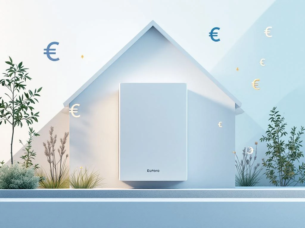 Moderne thuisbatterij in wit en zilver met Euro-symbolen tegen groene achtergrond met Nederlands dakprofiel