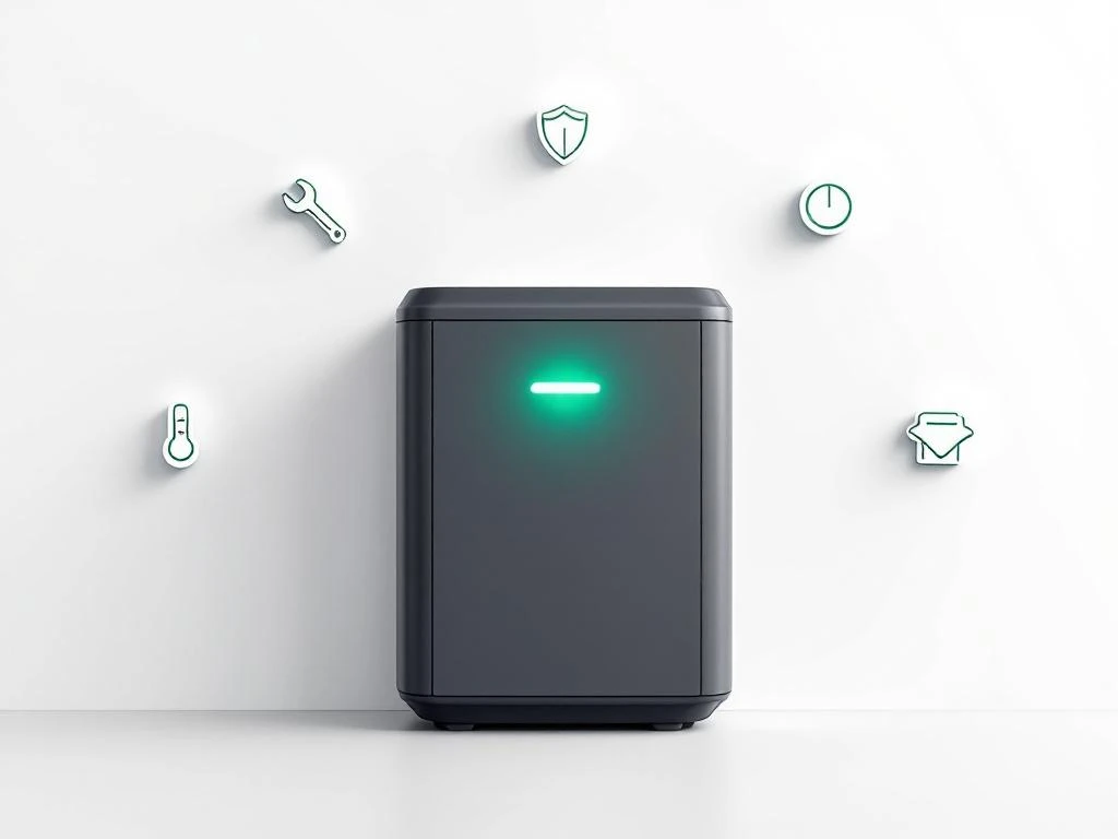 Moderne thuisbatterij met groene indicator en vijf onderhoudsiconen op witte achtergrond