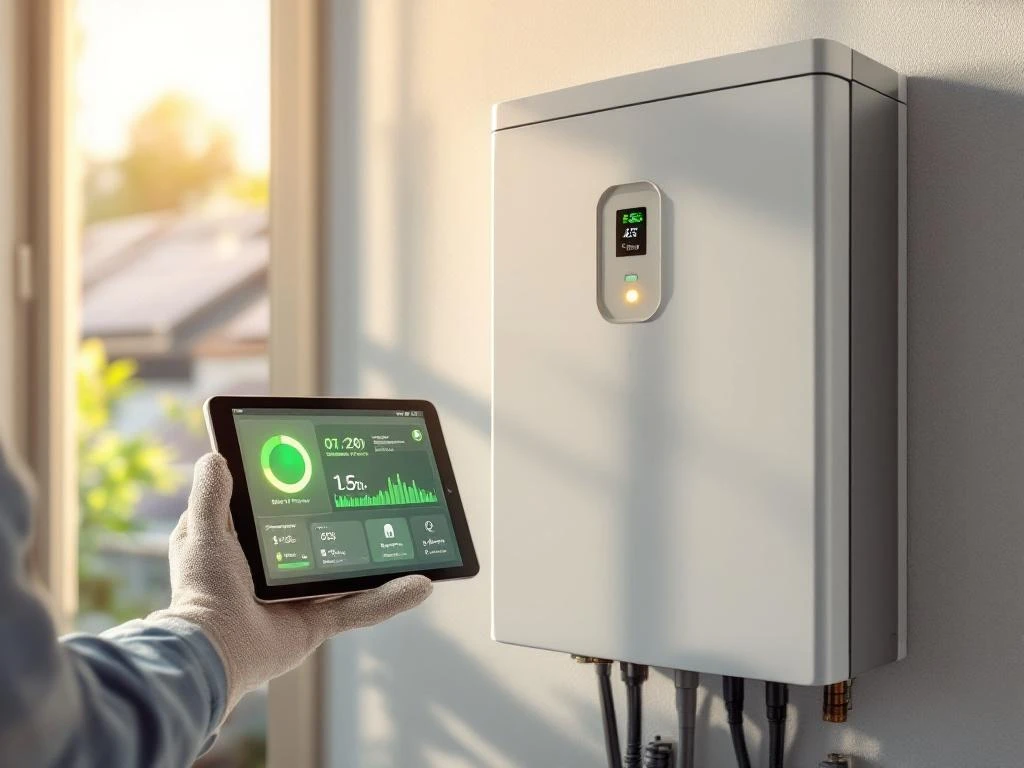 Witte thuisbatterij aan muur met hand die diagnostische tablet vasthoudt, zonnepanelen op achtergrond