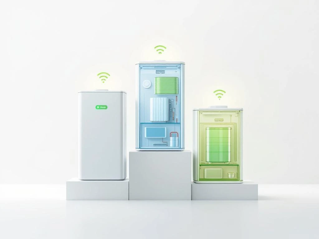 Drie moderne thuisbatterijen in geometrische opstelling met zichtbare lithium technologie in groen-blauw kleurenpalet