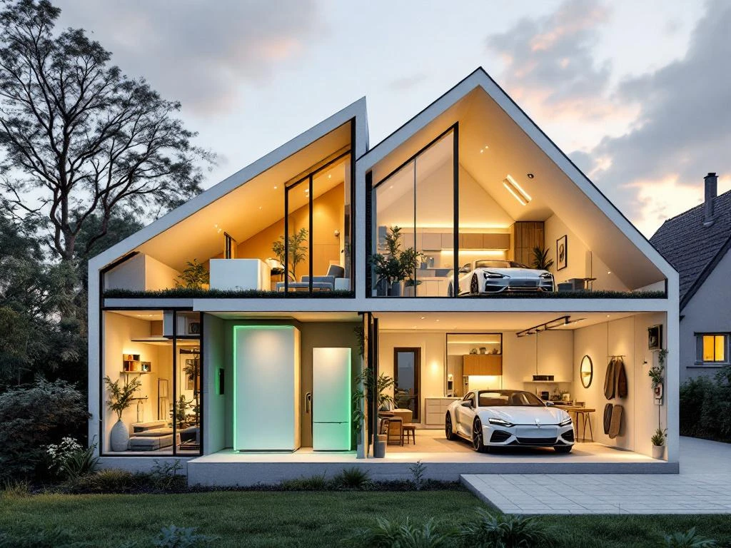 Doorsnede moderne Nederlandse villa met lithium batterijsystemen in kelder en garage voor duurzame energieopslag