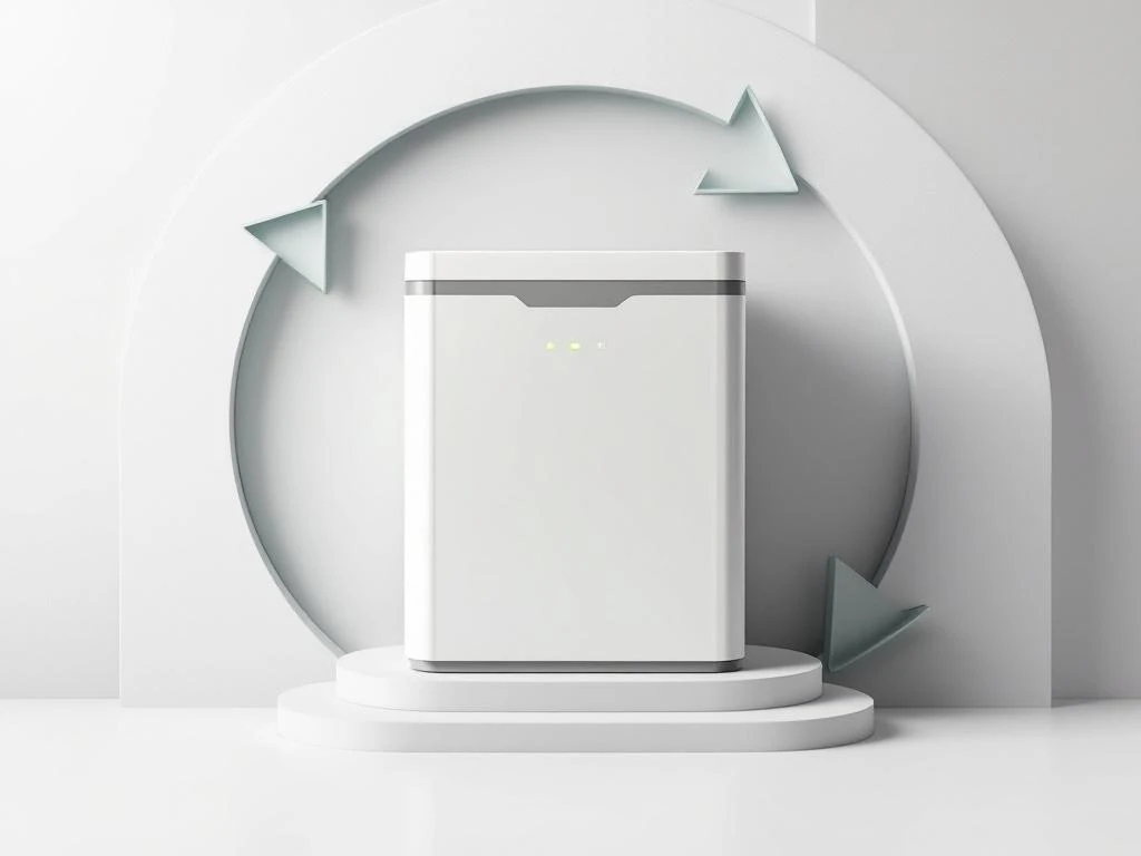 Witte thuisbatterij met groene LED-indicatoren omringd door recycling pijlen op lichtgrijze achtergrond