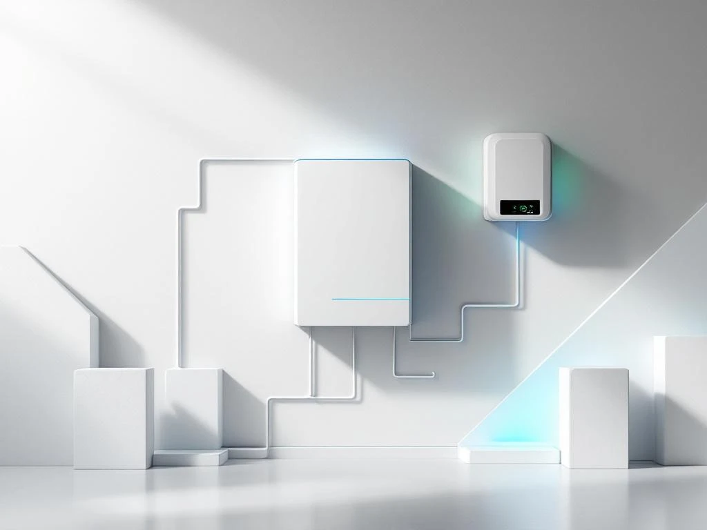 Witte thuisbatterij verbonden met digitale slimme meter via blauwe en groene lichtlijnen op grijze achtergrond