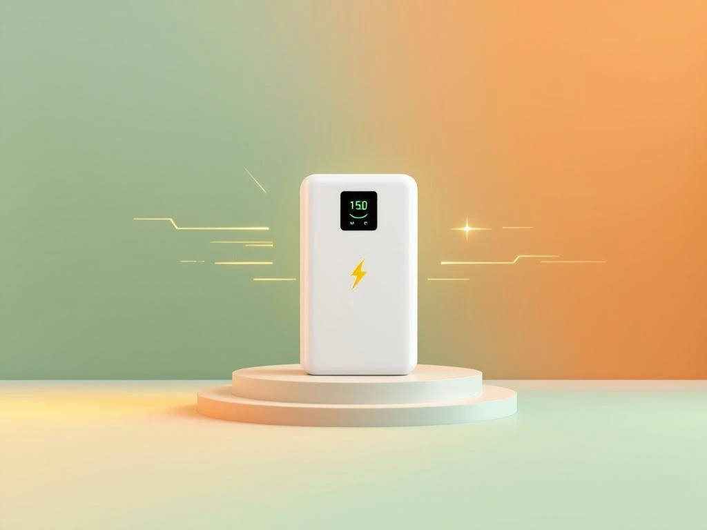 Witte huisbatterij met bliksemschichten en bewegingslijnen op groene naar oranje verloop achtergrond voor snelle energie