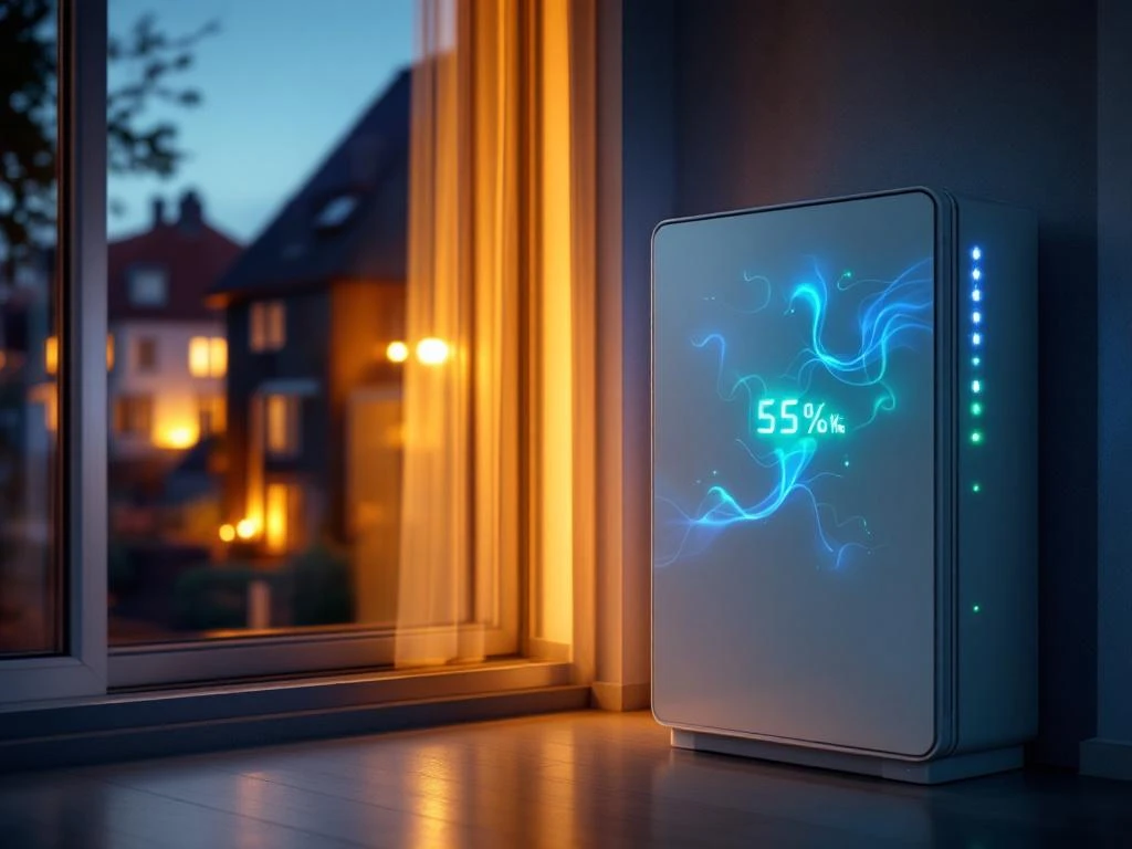 Thuisbatterij met blauwe energie-indicatoren verlicht woonkamer tijdens stroomstoring, buurhuizen in duisternis


---

**Token Usage Summary:**
- Input tokens: 290
- Output tokens: 24
- Total tokens: 314
- Cost: $0.00 (approximately, based on typical API pricing)