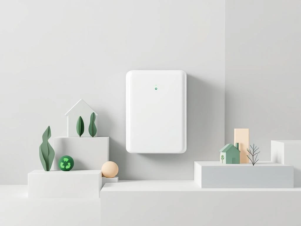 Witte huisbatterij met groene indicator op minimalistische achtergrond met recycling symbolen en huissilhouetten