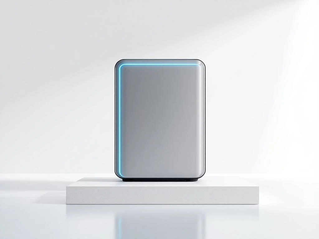 Moderne grijze thuisbatterij met blauwe LED-verlichting op witte ondergrond met groene achtergrond voor duurzame energie