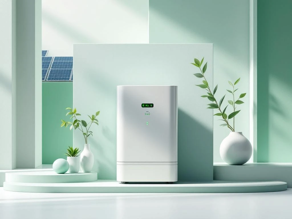 Moderne witte thuisbatterij met groene LED-indicatoren tegen geometrische achtergrond in duurzame kleuren