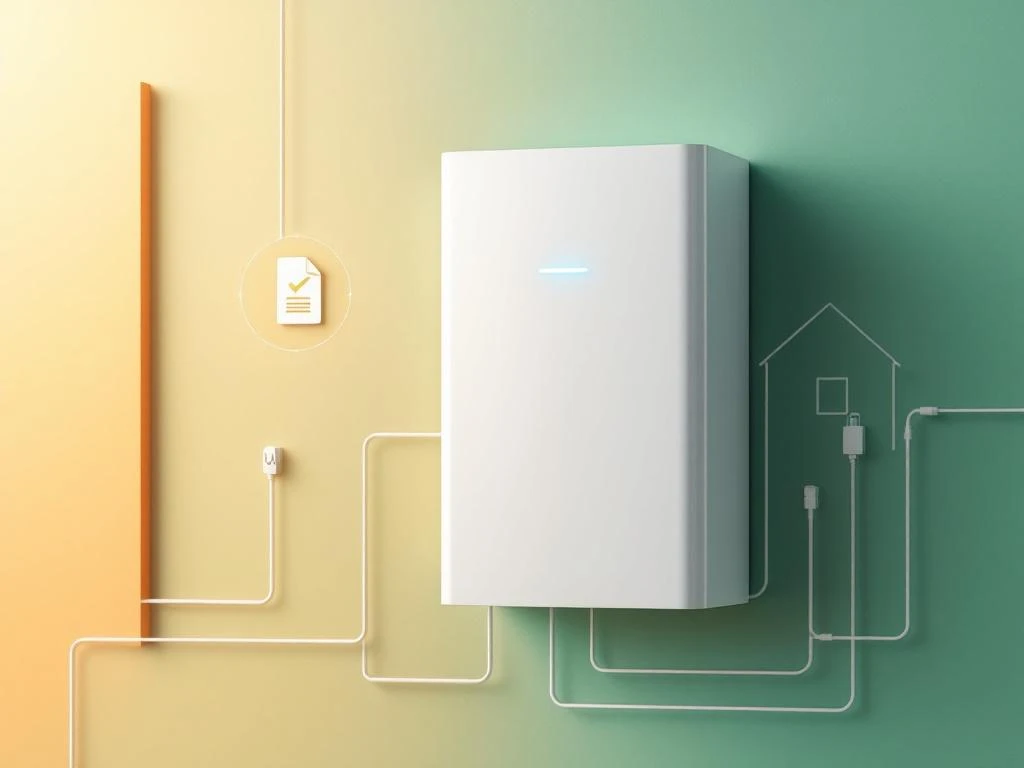 Moderne witte thuisbatterij met blauw licht, verbonden met huissymbool en vergunningsdocument op groene achtergrond