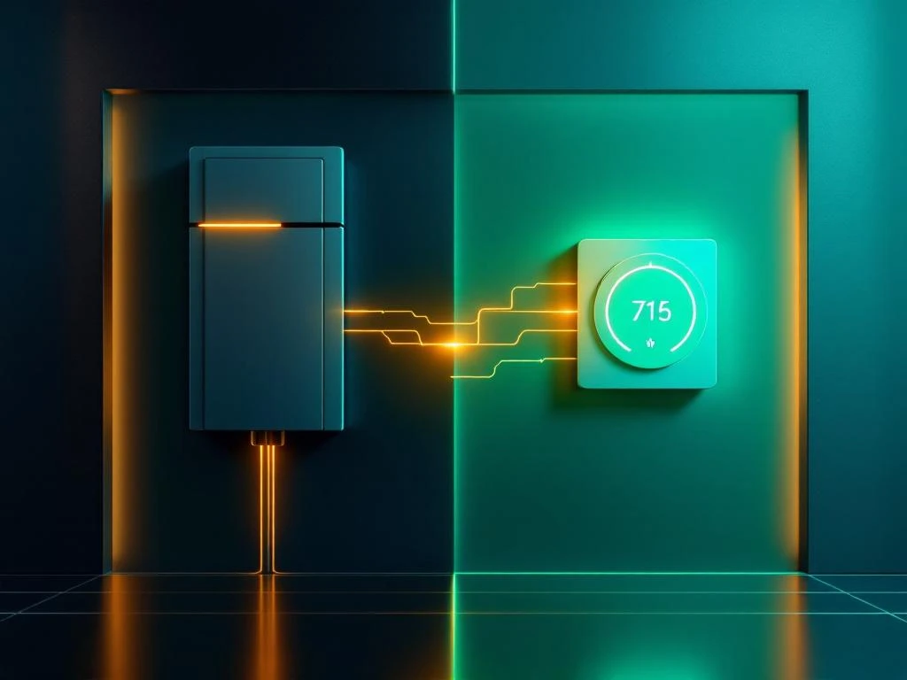 Moderne thuisbatterij en elektriciteitsmeter verbonden door energievisualisatie in blauw-groene kleuren