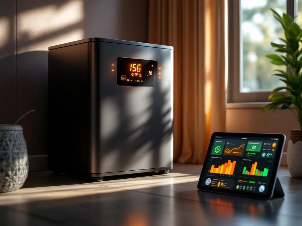 Moderne thuisbatterij met digitaal display en energiegegevens naast tablet met zonnepaneel-dashboard in utiliteitsruimte