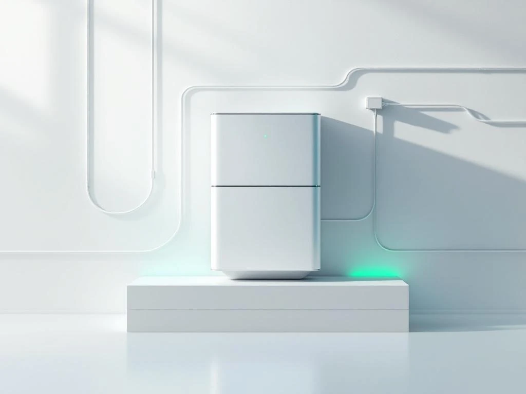 Moderne thuisbatterij met geometrisch ontwerp en blauwe verlichting op witte ondergrond met elegante lijnen