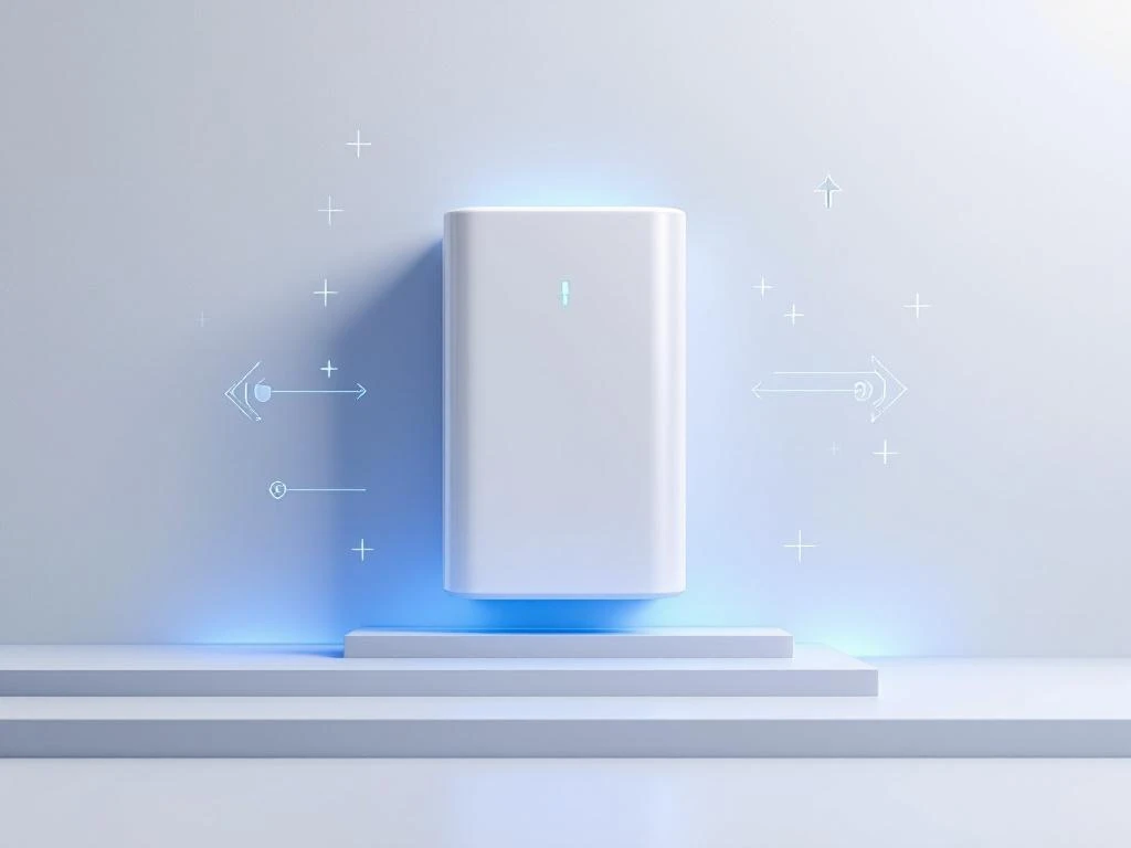 Moderne thuisbatterij in wit en grijs met blauwe verlichting, omringd door energiestroom pijlen op minimalistische achtergrond