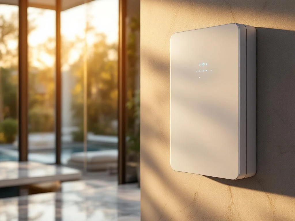 Moderne witte thuisbatterij met blauwe LED-indicatoren gemonteerd op muur in luxe villa interieur met zonlicht