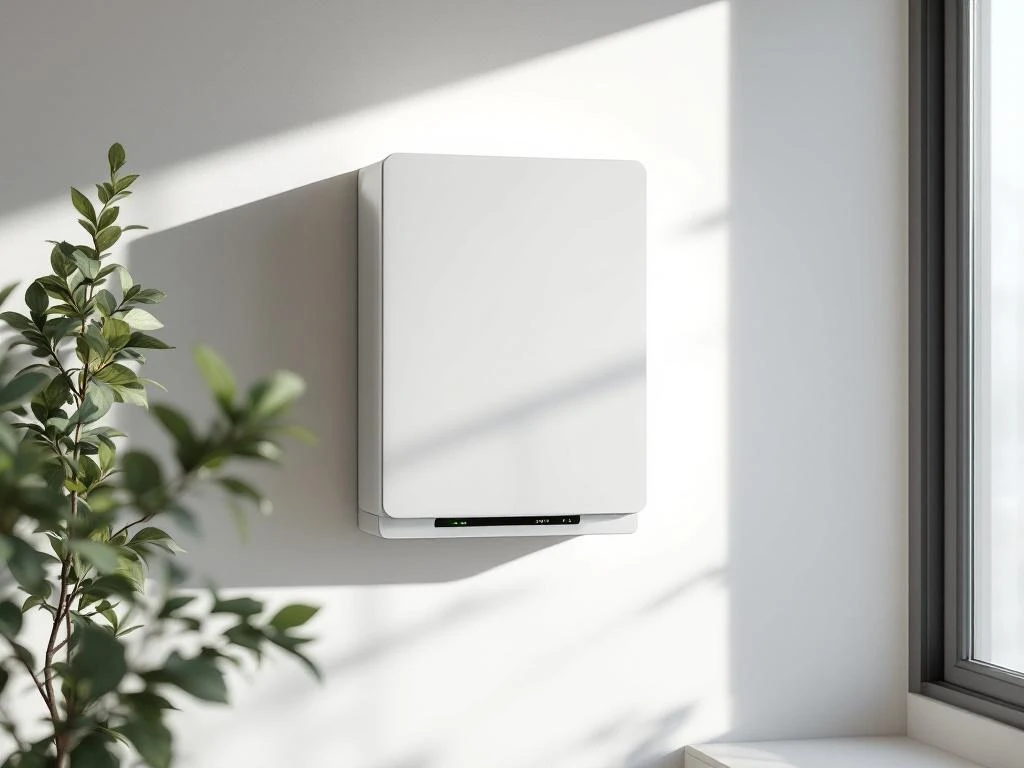 Moderne thuisbatterij met groene LED-indicatoren gemonteerd op witte muur in minimalistisch interieur