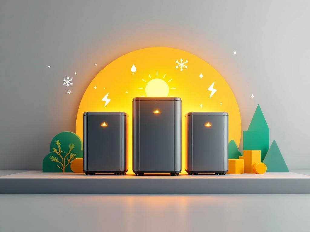 Drie thuisbatterijen in geometrische opstelling met weericonen en energie-verbindingen tegen geel-grijze achtergrond