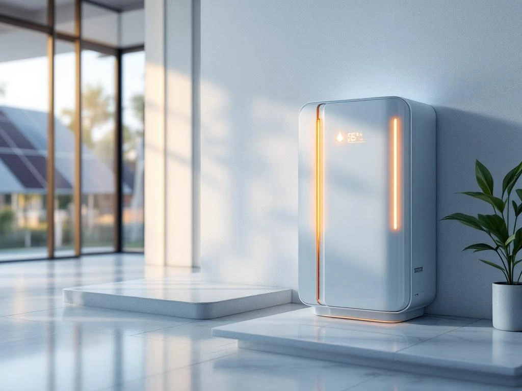 Moderne thuisbatterij met blauwe temperatuurindicatoren en zonnepanelen op achtergrond in strak interieur