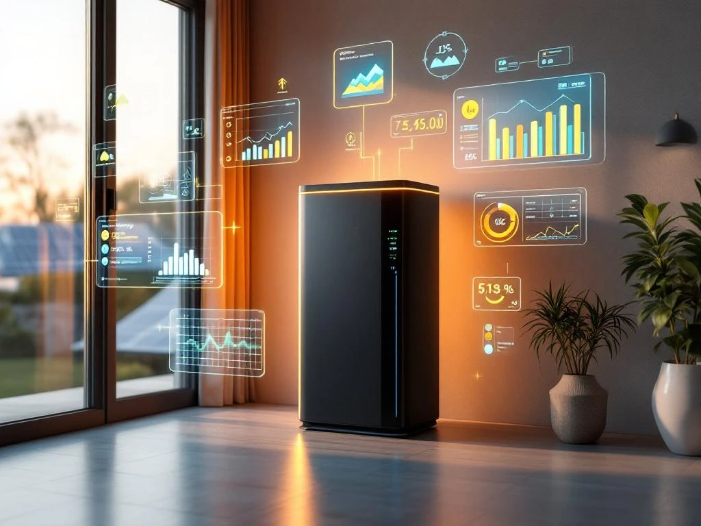 Moderne thuisbatterij met LED-indicatoren en zwevende digitale schermen die energiegegevens tonen in hedendaags huis
