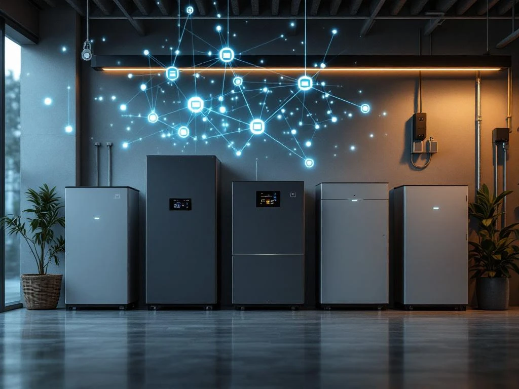 Verschillende thuisbatterijsystemen in moderne garage met digitale netwerkvisualisatie en uniforme besturingsinterface