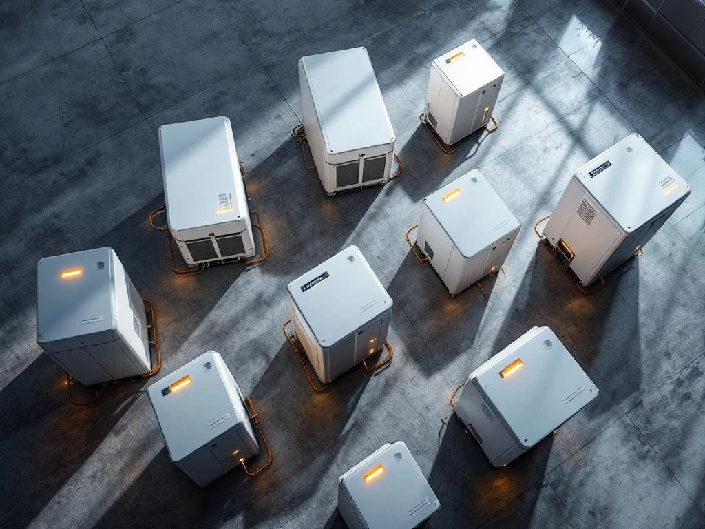 Tien premium thuisbatterijen in diagonale opstelling op betonnen vloer met LED-indicatoren en zonnepanelen
