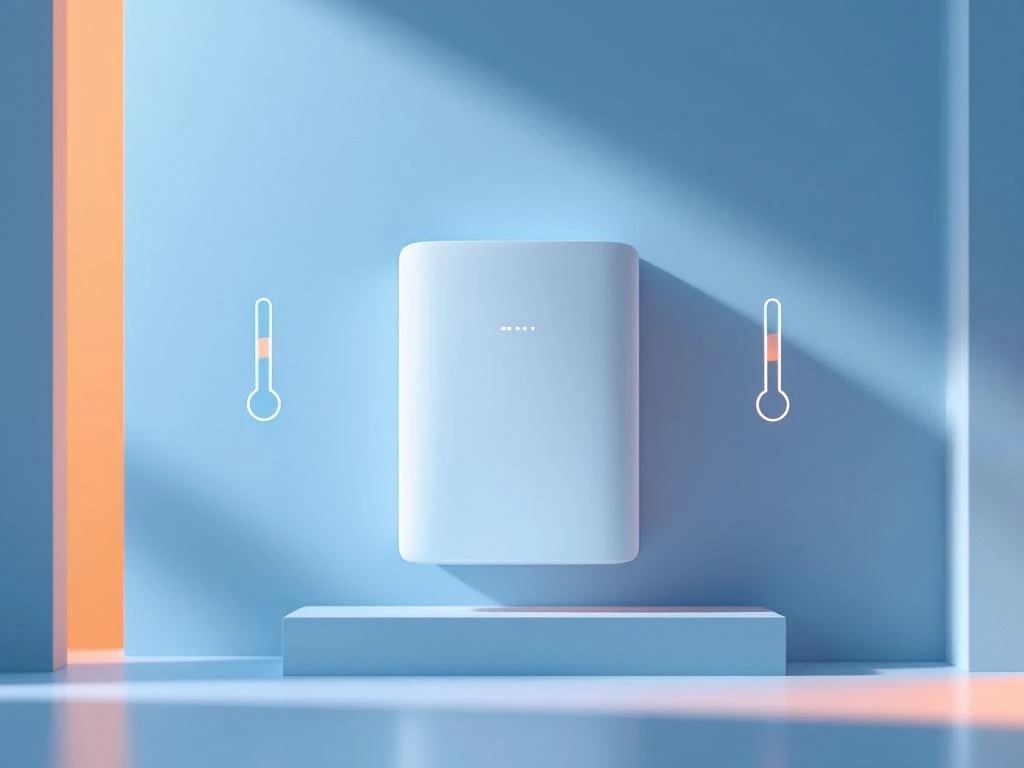 Moderne thuisbatterij met LED-indicatoren tegen gradiënt achtergrond, geflankeerd door thermometer iconen voor temperatuursbereik