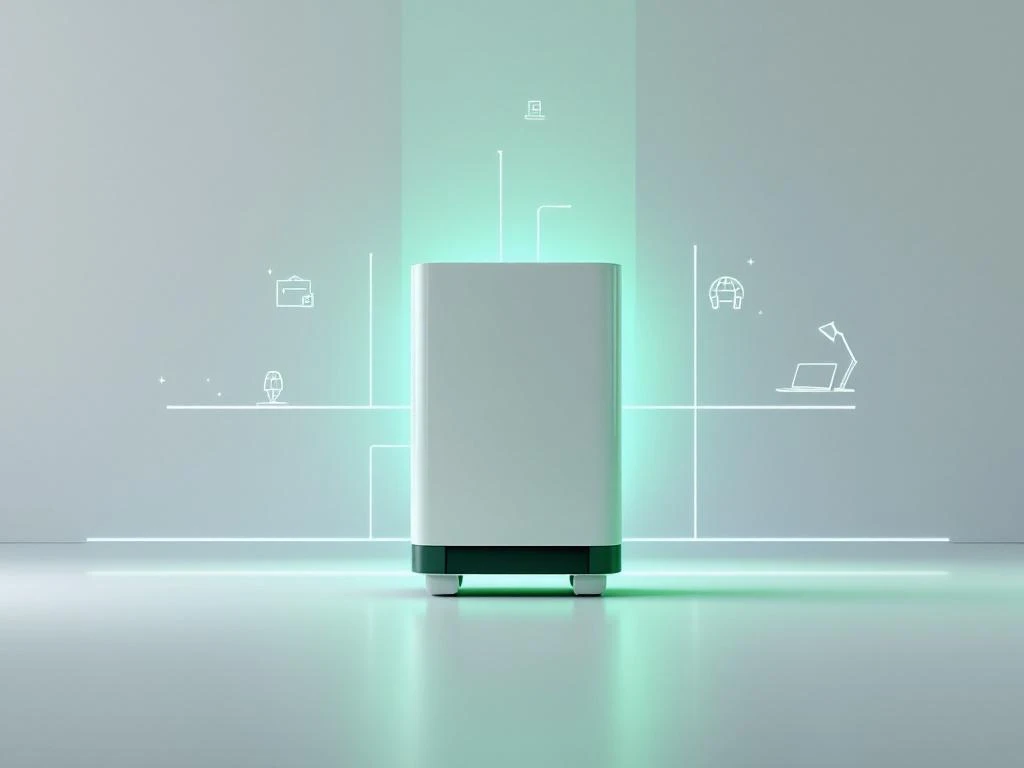 Witte thuisbatterij in het midden met groene en blauwe verlichting, omringd door energielijnen en kantooriconen