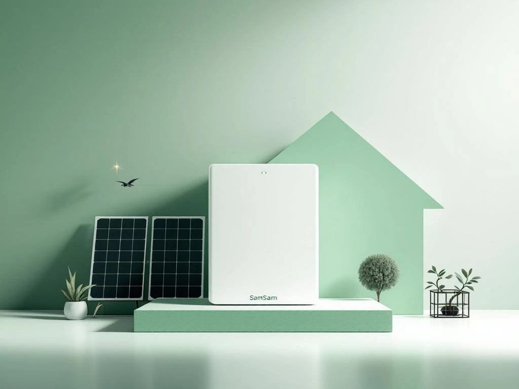 Witte thuisbatterij in het midden met zonnepanelen en huissilhouet op groene achtergrond, energiestroom weergegeven