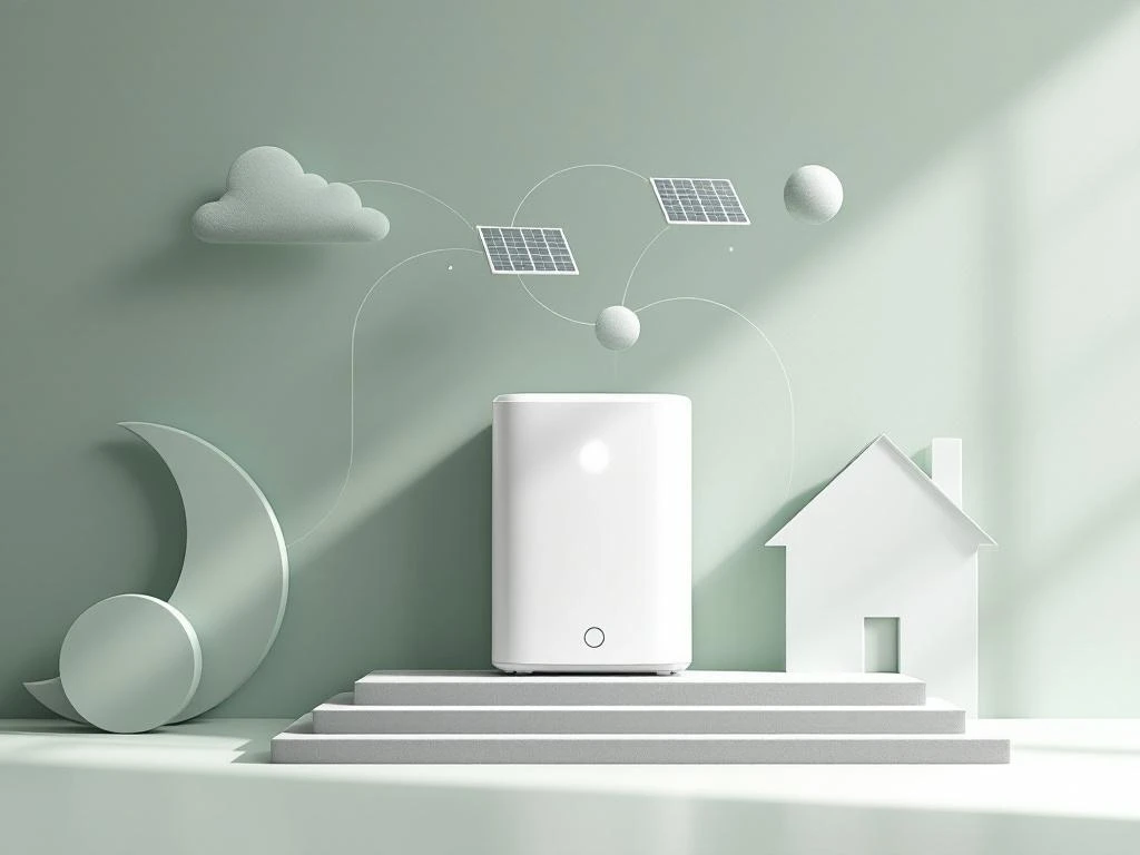 Moderne thuisbatterij in wit en grijs op groene achtergrond met zonnepanelen en huissilhouet voor duurzame energie