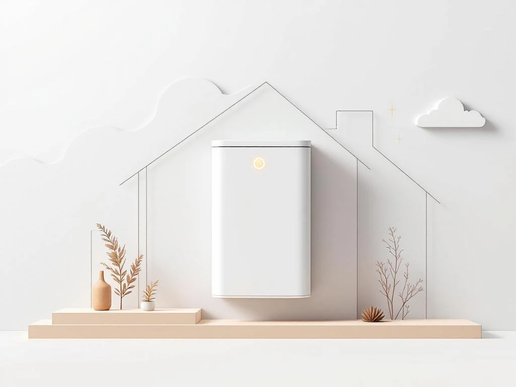 Moderne thuisbatterij met gloeiende indicator, verbonden met zonnepanelen en huis via energiestromen in minimalistisch ontwerp