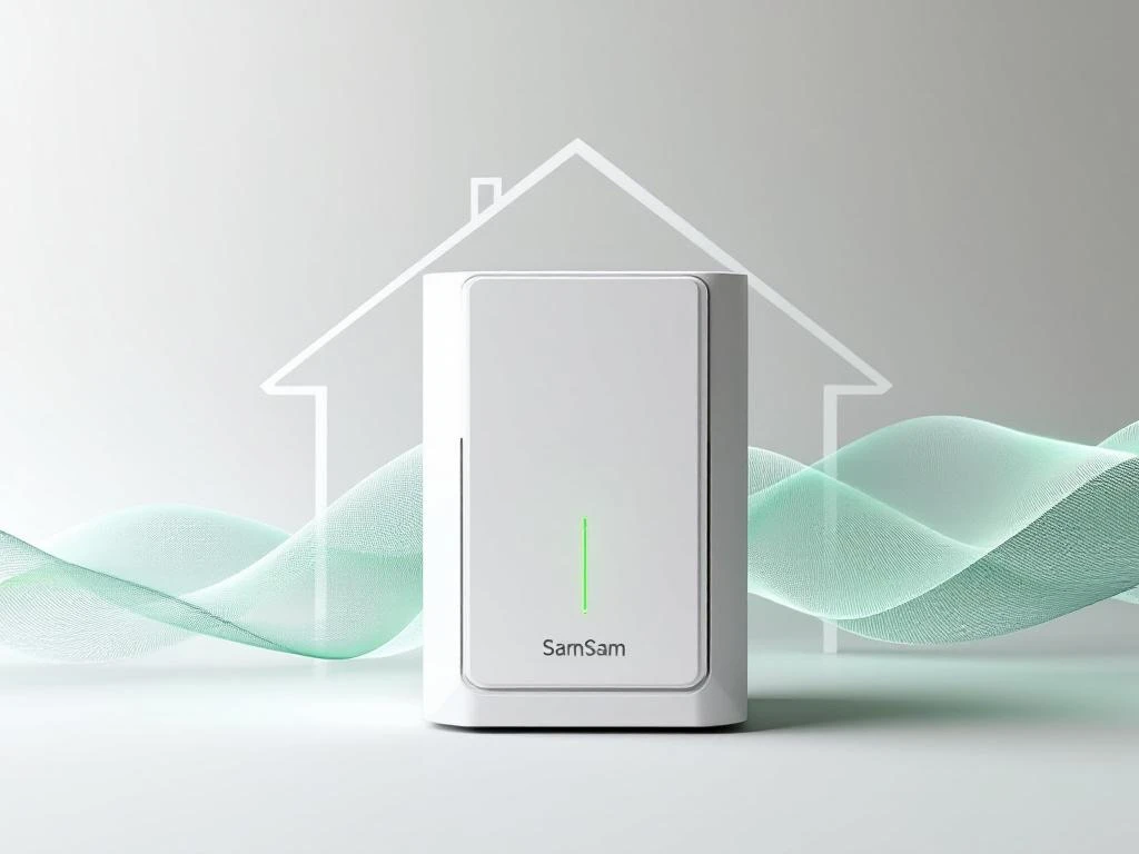 Moderne witte thuisbatterij met groene indicator en zonnepanelen op huis, verbonden door energiegolf